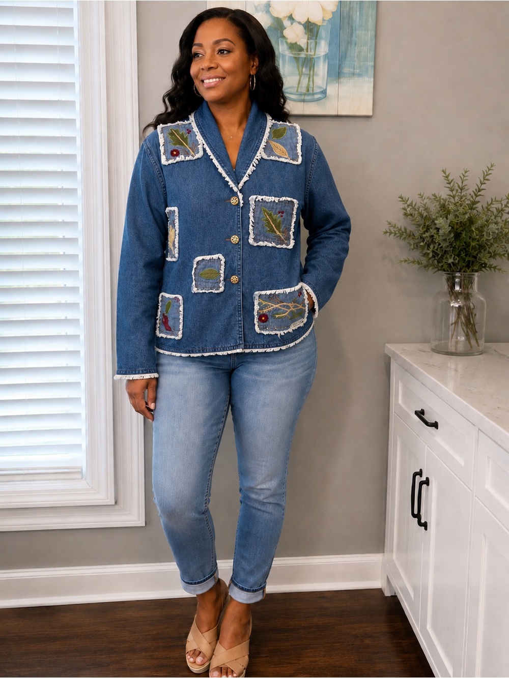 Denim Vintage Leaf Embroidered Patchwork Jacket - Blue Size S